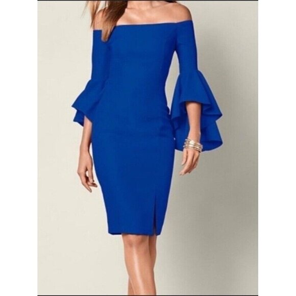 Venus Blue Off the Shoulder Ruffle Sleeve Dress Women's Sz. 8 Wedding Guest - Picture 1 of 11